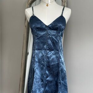 Vintage Blue silky Victoria's Secret floral lace up corset nightgown slip dress